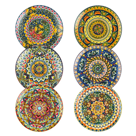 Henten Home Ceramic Dinner Plates Set of 6, 10.5 Inch Porcelain Colorful Plates Set for Pasta, Steak, Salad, Bohemia Decorative Plates for Dinning, Hand Painted Serving Dishes