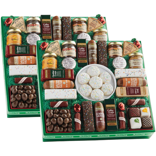 Double the Pleasure with a Set of 2 Gift Boxes - The Swiss Colony 27 Spring Favorites Food Gift Set, Summer Sausage Meats and Cheeses, Gift Basket, Cheese for Charcuterie Board