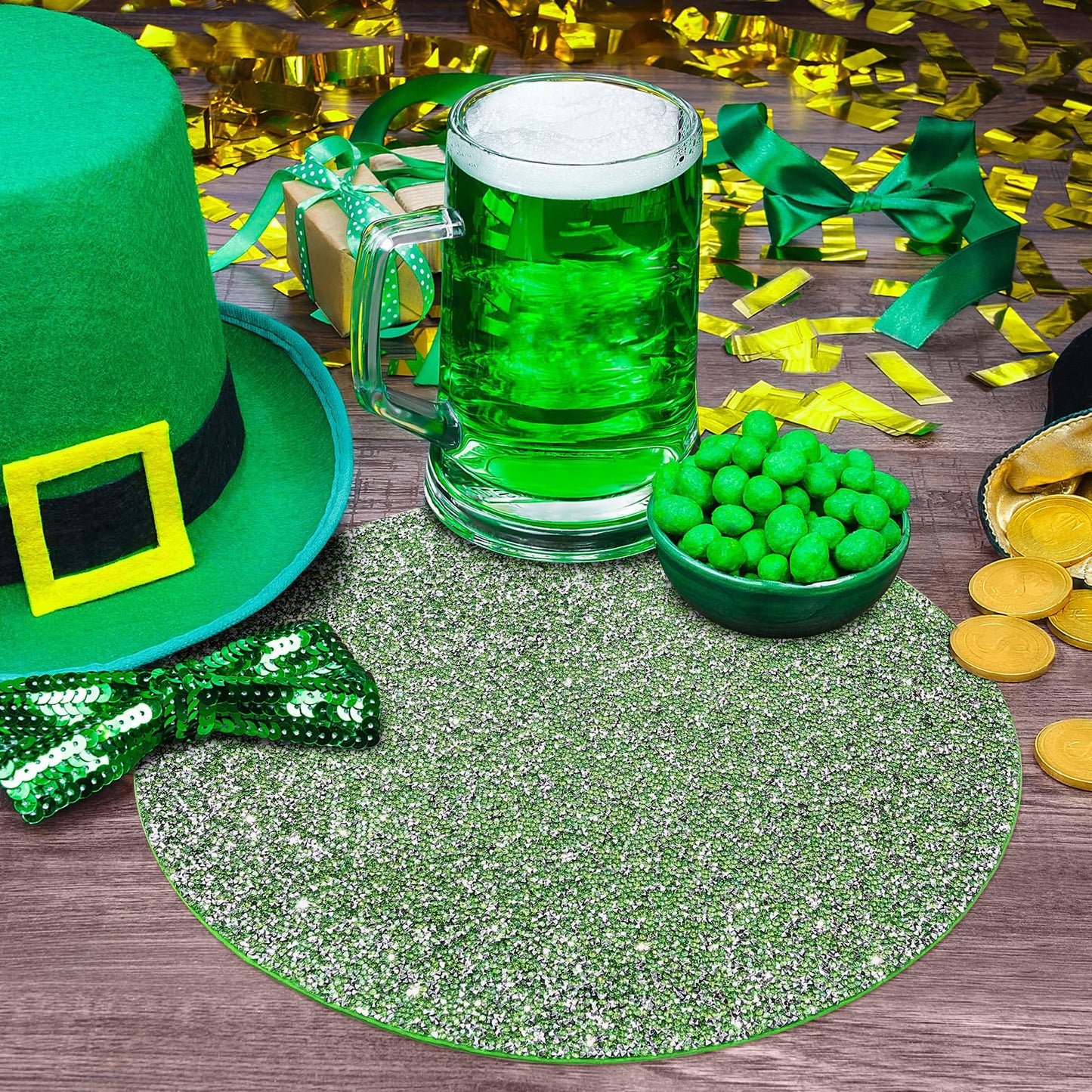 Cumouna Spring Green Placemat Sparkle Crushed Rhinestones Round Elegant Glitter Decoration Table Mat for Spring Centerpiece Kitchen Table Party Tableware Decor 15 Inches (1 pcs)