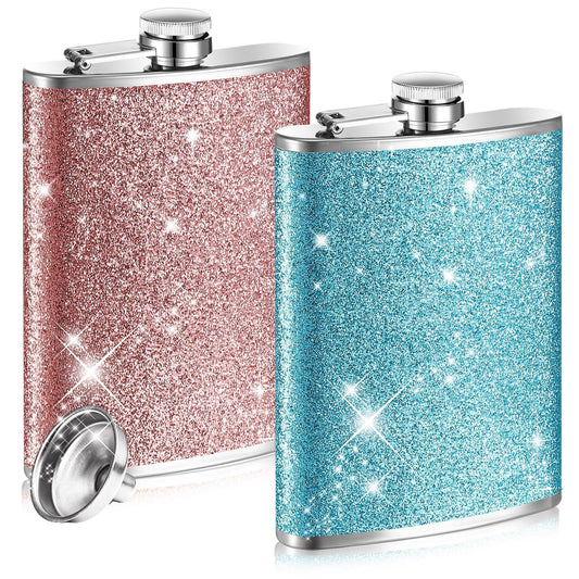Meanplan 2 Pack 8 oz Glitter Bling Flask for Liquor for Women Cute Flask with Funnel Leakproof Stainless Steel Flask Whiskey Pocket Flask for Christmas Alcohol Drink Wine Wedding Party