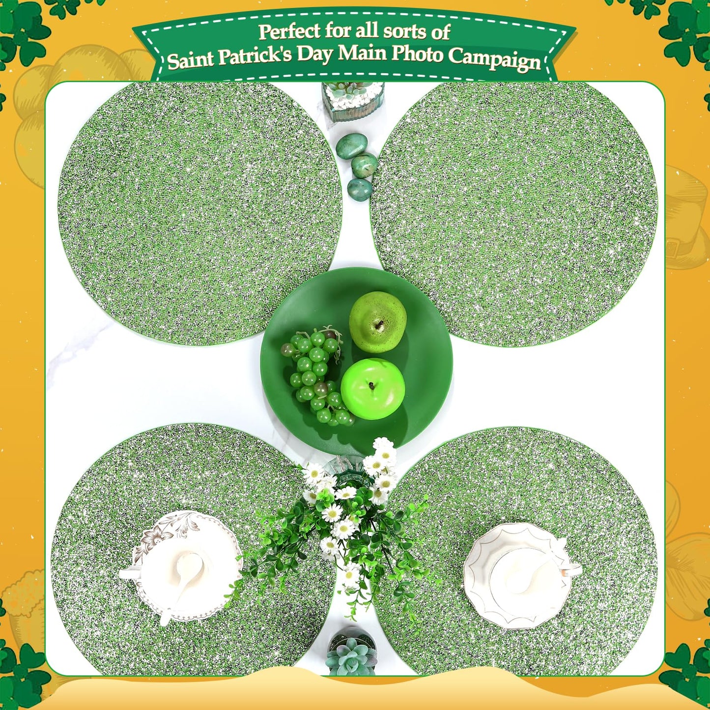 Cumouna Spring Green Placemat Sparkle Crushed Rhinestones Round Elegant Glitter Decoration Table Mat for Spring Centerpiece Kitchen Table Party Tableware Decor 15 Inches (1 pcs)