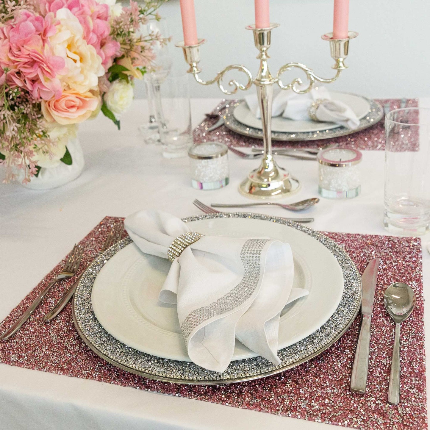 Luminous Rectangle Placemat, Sparkling Rhinestones, Heat Resistant, Non-Slip Back, for Striking Dining Table Settings, Events, Weddings, Aqua, 13x18, Sold Individually