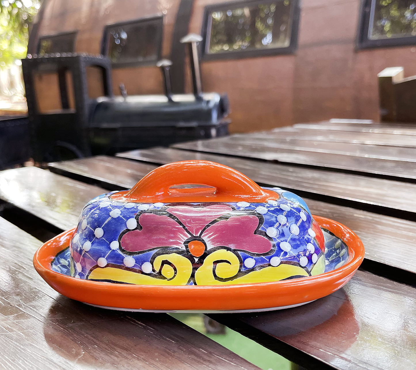 MEXTEQUIL - Butter Dish Ceramic Talavera with Lid Hand Painted Authentic Mexican Pottery Kitchen Floral Design (Orange)
