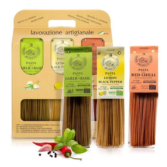 Morelli Gourmet Pasta Italian Gift Basket From Italy - Tricolor Pasta Linguine Set - Red Chili, Garlic & Basil, and Lemon Pasta - Tricolored Organic Pasta from Italy, Made in Italy (3x 8.8 Oz.)