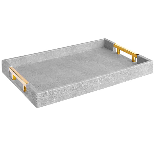 Home Redefined Modern Elegant 18"x12" Rectangle Glossy Grey Shagreen Faux Leather Tray Decorative Tray Ottoman Tray Coffee Table Perfume Kitchen Serving Tray with Gold Polished Metal Handles.