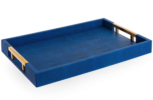Modern Elegant 18”x12” Rectangle Navy Blue Faux Leather Shagreen Decorative Tray Ottoman Tray Coffee Table Perfume Living Room Kitchen Serving Tray with Brass Gold Metal Handles by Home Redefined.