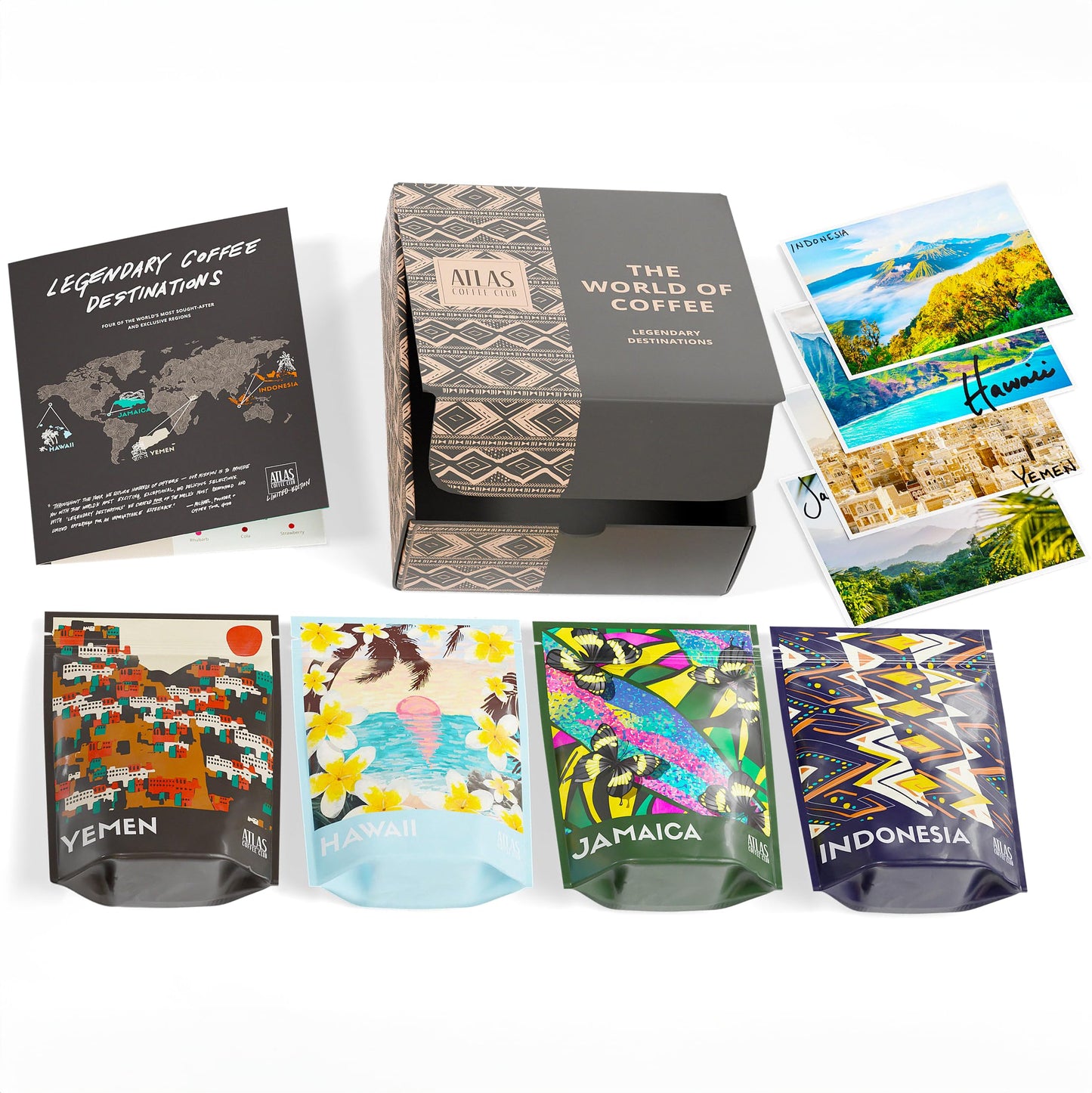 Atlas Coffee Club Rare Coffee Sampler, Gift Set for Him and Her, 4-Pack Variety Box of the World’s Most Unique Gourmet Single Origin Coffees Including Jamaica Blue Mountain, Freshly Ground