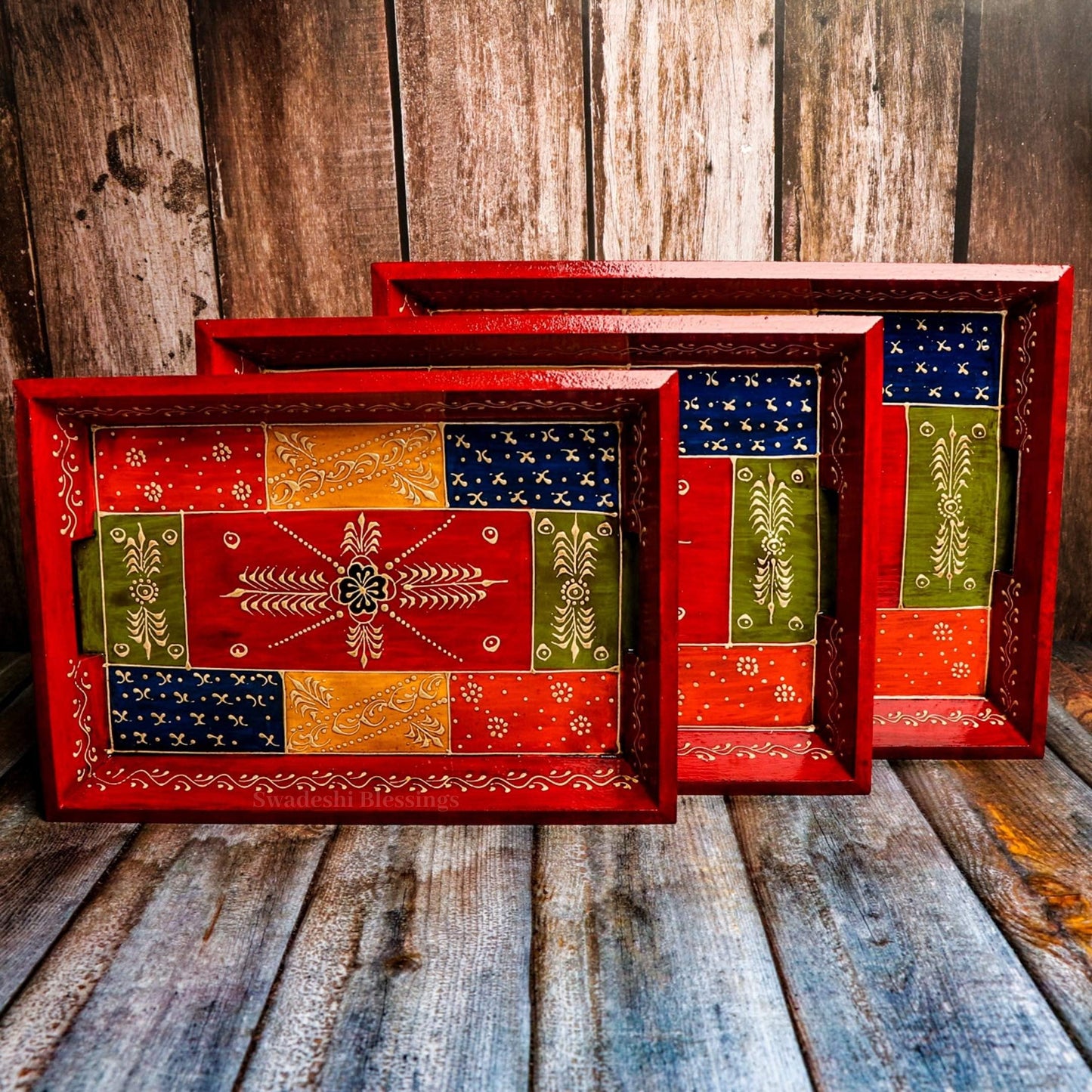 Swadeshi Blessings Handcrafted and Hand-Painted Embossed Wooden Serving Trays Set of 3 - for Kitchen/Table & Home Decor/Dinning/Gifts/Restaurants/Living Room/Coffee Table (AntiqueRed)
