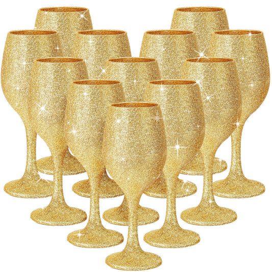 Singhoow Christmas Wine Glasses Set of 12, Glitter Long Stem Wine Glasses 13.5 oz Glitter Glass Wine Cups for Wedding, Anniversary and Home(Gold)