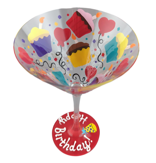 Handpainted Happy Birthday Martini Glass - Hand Painted - Cupcakes, Confetti and Heart Shaped Balloons - Colorful and Cheerful