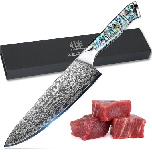 Professional Japanese  Damascus 8-Inch Steel Santuko Chef Knife with Hand-Forged Hammer Pattern and Ergonomic Abalone Shell Handle