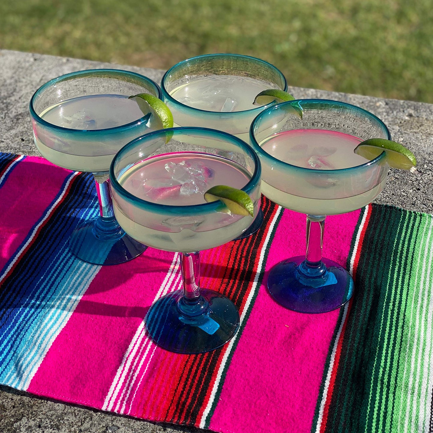 Mexican Hand-Blown Glass – Set of 4 Hand Blown Margarita Glasses (16 oz.) with Aqua Blue Rims