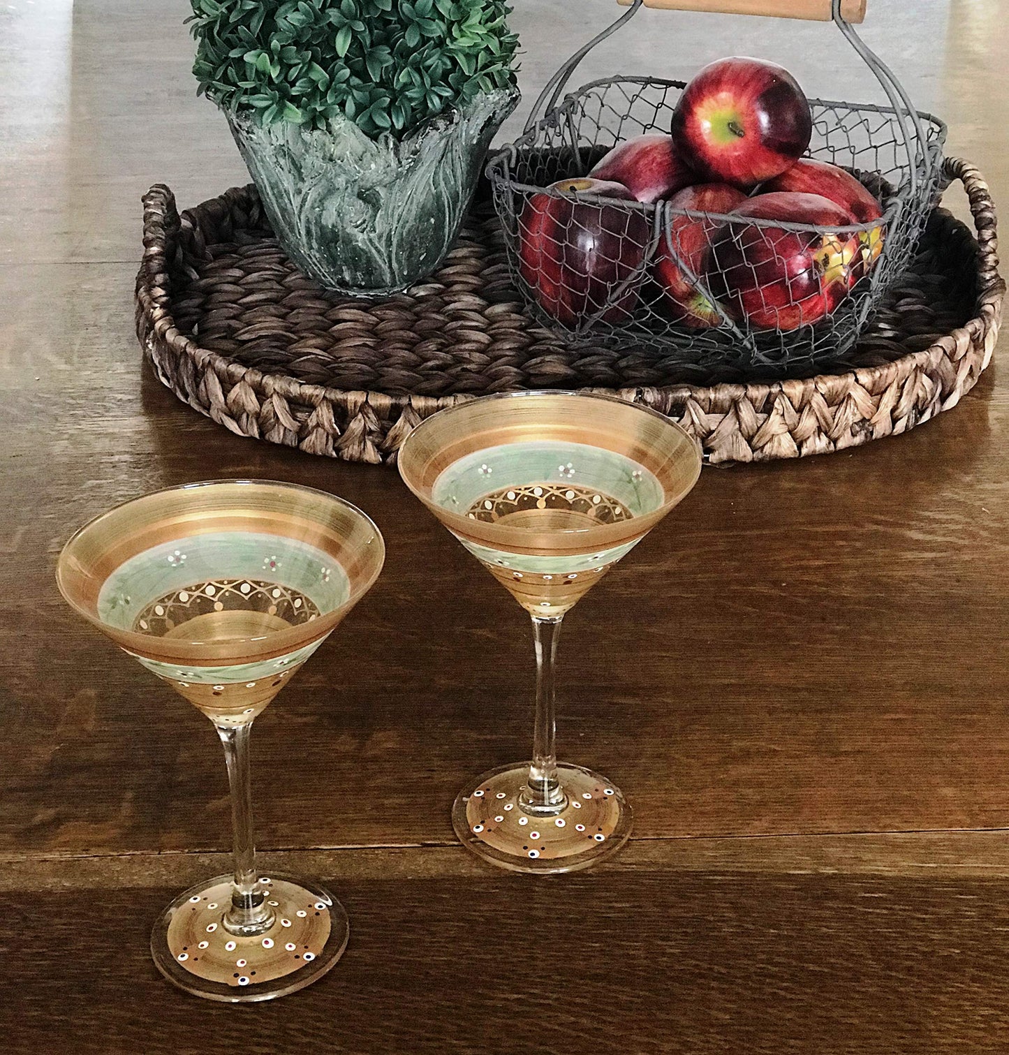 Golden Hill Studio Hand Painted Martini Glasses Set of 2 - Moroccan Mosaic Gold Garland Collection - Hand Painted Glassware by USA Artists - Unique and Decorative Martini Glasses, Kitchen Table Déco