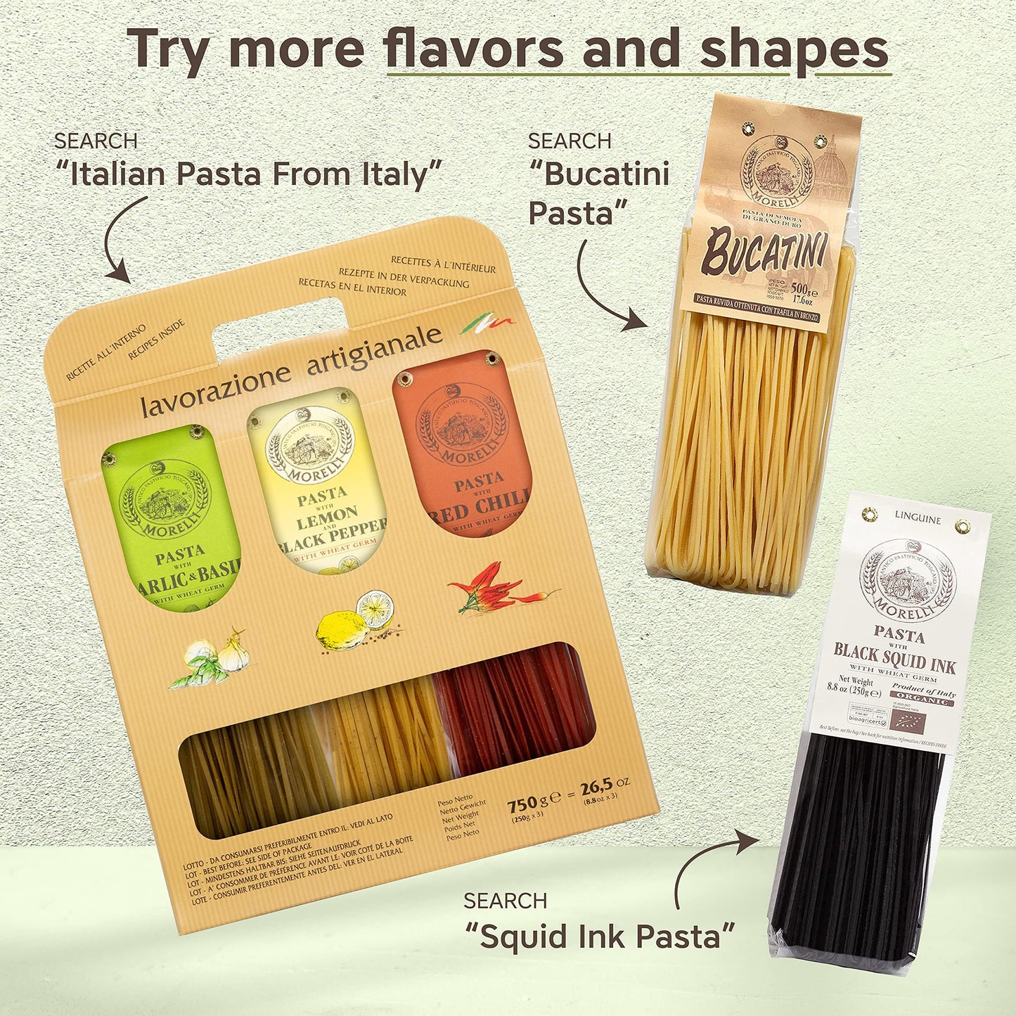 Morelli Gourmet Pasta Italian Gift Basket From Italy - Tricolor Pasta Linguine Set - Red Chili, Garlic & Basil, and Lemon Pasta - Tricolored Organic Pasta from Italy, Made in Italy (3x 8.8 Oz.)