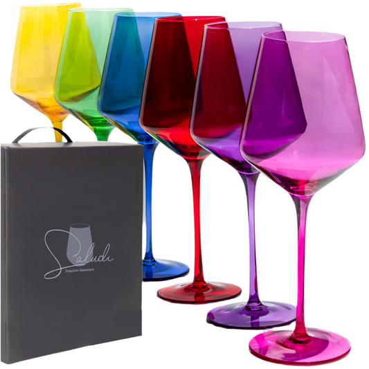 Saludi Colored Wine Glasses, 16.5oz (Set of 6) Stemmed Frida-Color Glass - Great for all Wine Types and Occasions - Luxury, Durable, Hand-Blown