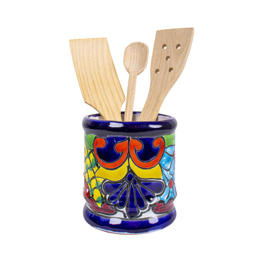 Handmade Mexican Talavera Ceramic Utensil Holder (Flowers)