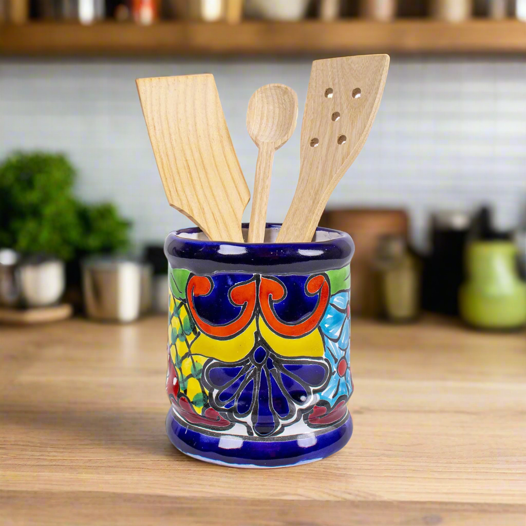 Handmade Mexican Talavera Ceramic Utensil Holder (Flowers)