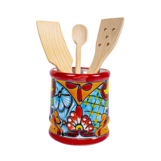Handmade Mexican Talavera Ceramic Utensil Holder (Red)