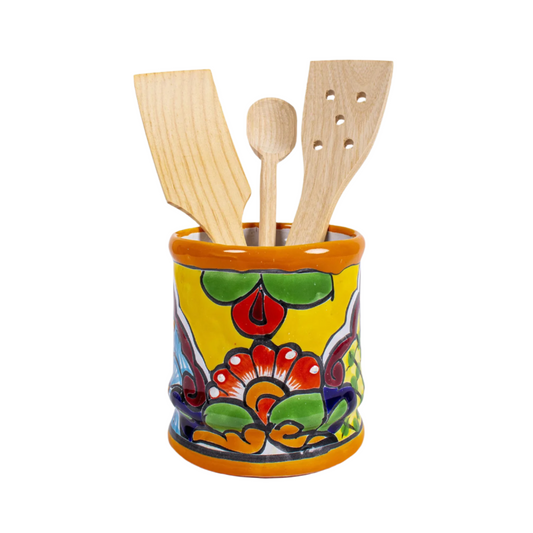 Handmade Mexican Talavera Ceramic Utensil Holder (Yellow)