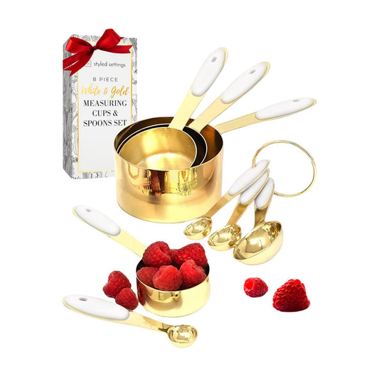 White and Gold Measuring Cups and Spoons Set - 8-Piece Stackable Stainless Steel Measuring Set - Stylish White and Gold Kitchen Accessories for Precise Baking and Cooking, Ideal Gift for Bakers and Home Chefs
