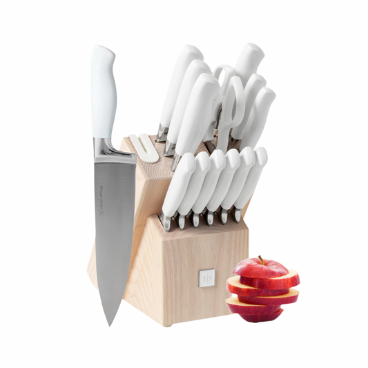 Styled Settings White Knife Set with Block and Sharpener – 14-Piece High Carbon Stainless Steel Knives with Ashwood Block and Built-In Sharpener – Durable White Kitchen Accessories for Cooking