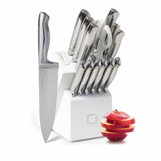 Styled Settings Stainless Steel Knife Set with Built In Sharpener - 14-Piece Ultra Sharp, High Carbon Stainless Steel Kitchen Knife Set includes White Knife Base