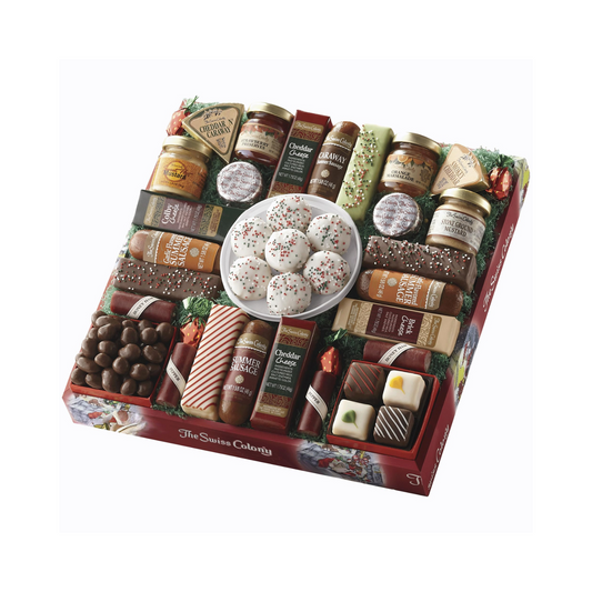 The Swiss Colony 27 Favorites Foods Gift Set, Summer Sausage Meats and Cheeses, Assorted Chocolates, Candies, Petits Fours, Cheese and Charcuterie Board Gifts Basket