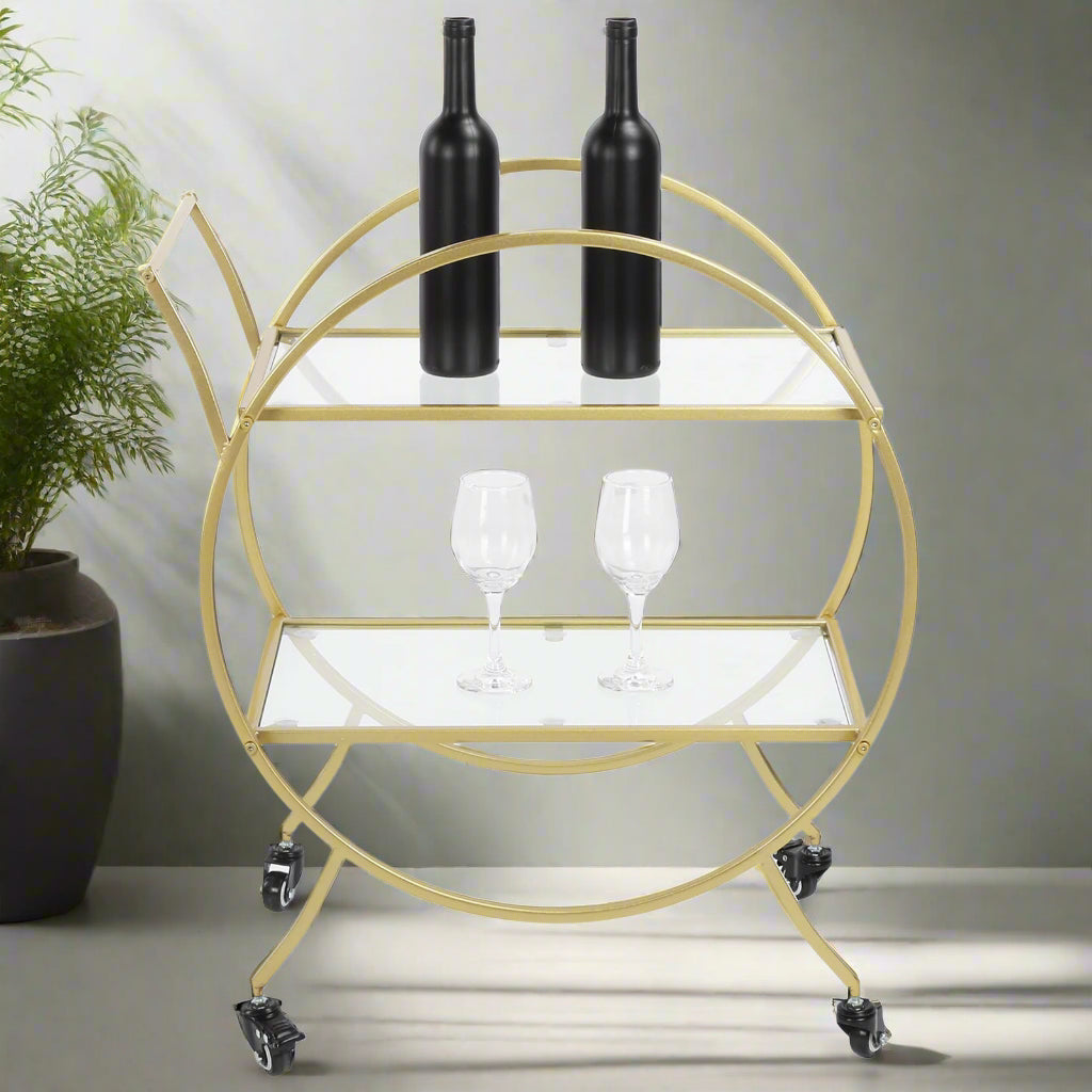 Glam Contemporary 2-Tier Gold-Toned Kitchen Trolley Bar and Serving Cart with Wheels