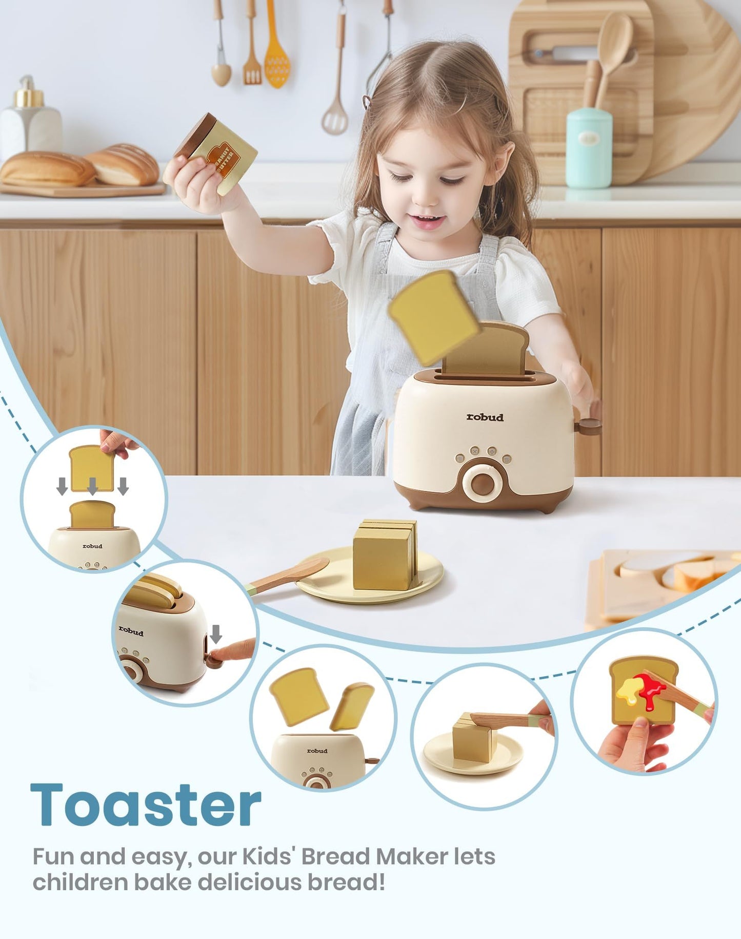 Wooden Pretend Play Kitchen Playset Food Set with Bread Maker and Juicer