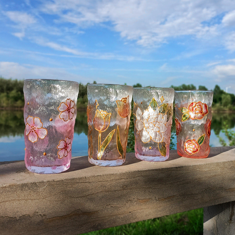 Hand-Painted Hammered Crystal Glass in One of Four Flower Patterns