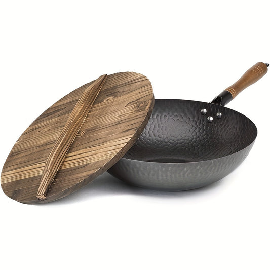 Hammered Carbon Steel 12.5-Inch Wok Pan With Lid, Black, Non-Stick, Compatible With Most Cooktops