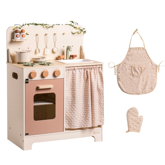 Robud Kids Play Kitchen Set Rustic Wooden Pretend Play Kitchen for Toddlers Age 3-4
