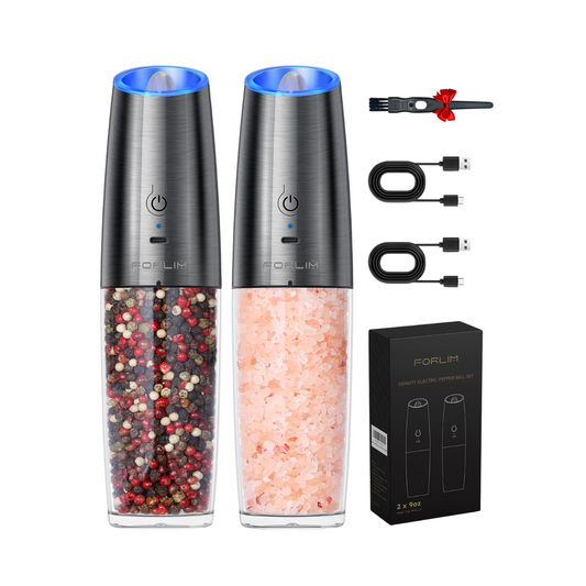Rechargeable Electric Salt and Pepper Grinder Set, 9oz. Large Capacity Automatic Pepper Mill, Gravity One-Click Grinding One-Hand Operated, Stainless Steel Salt Grinder (Metallic Gunmetal)