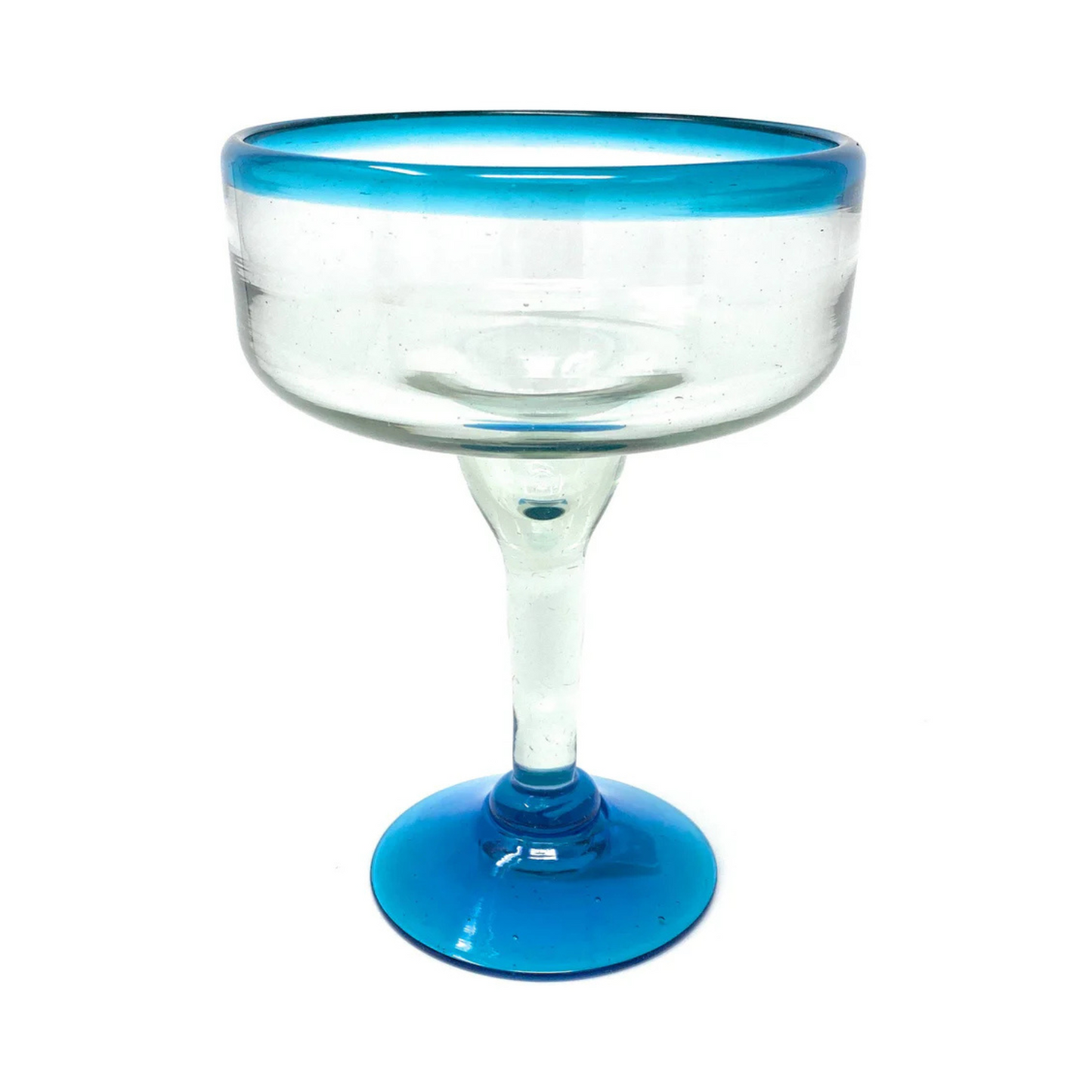 Mexican Hand-Blown Glass – Set of 4 Hand Blown Margarita Glasses (16 oz.) with Aqua Blue Rims