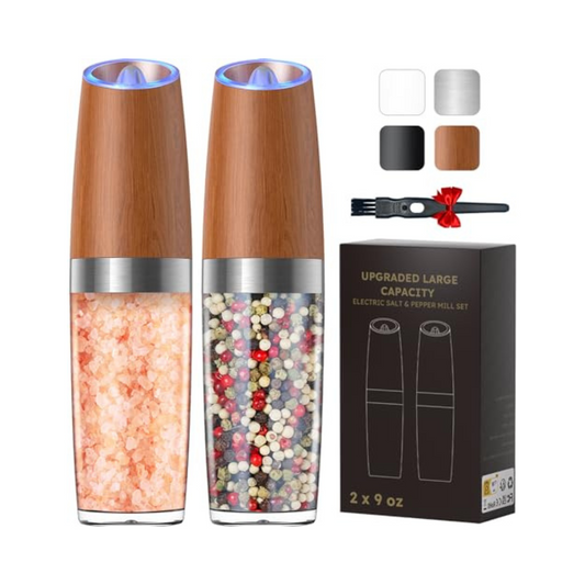 Upgraded 9 Oz. Capacity Gravity Electric Salt and Pepper Grinder Set, Battery Powered One-Hand Operation Refillable Automatic Pepper Grinder Adjustable Coarseness (Wood grain)